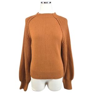 Maeve Ribbed Mock Neck Knit Balloon Sleeve Sweater Size XL Copper Brown